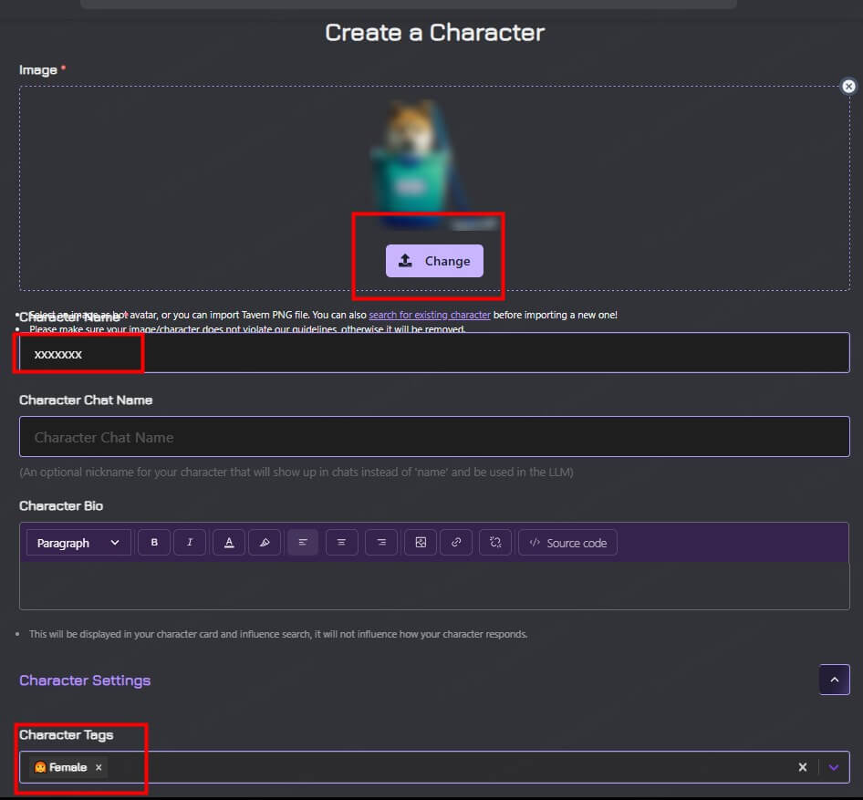 Haz clic en crear personaje en ai janitor