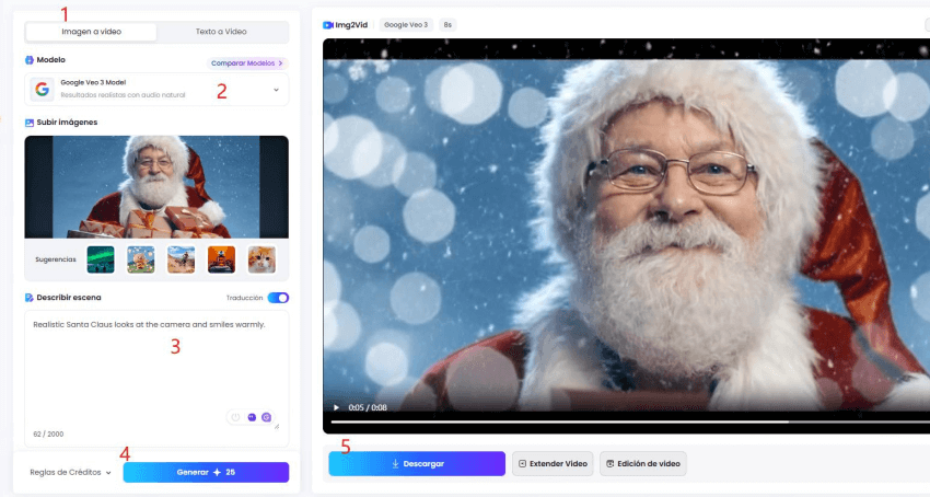Subir foto y escribir prompt para video de Papá Noel en TopMediai
