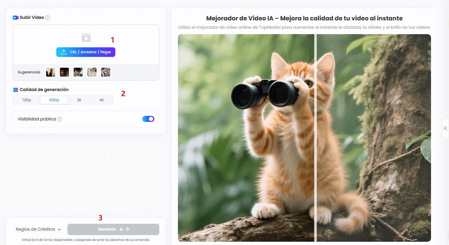 pasos para mejorar la calidad con IA en TopMediai