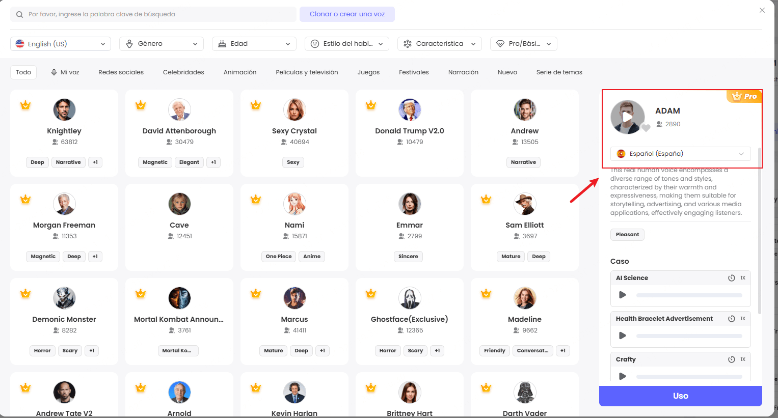 Selecciona la voz de adam en TopMediai