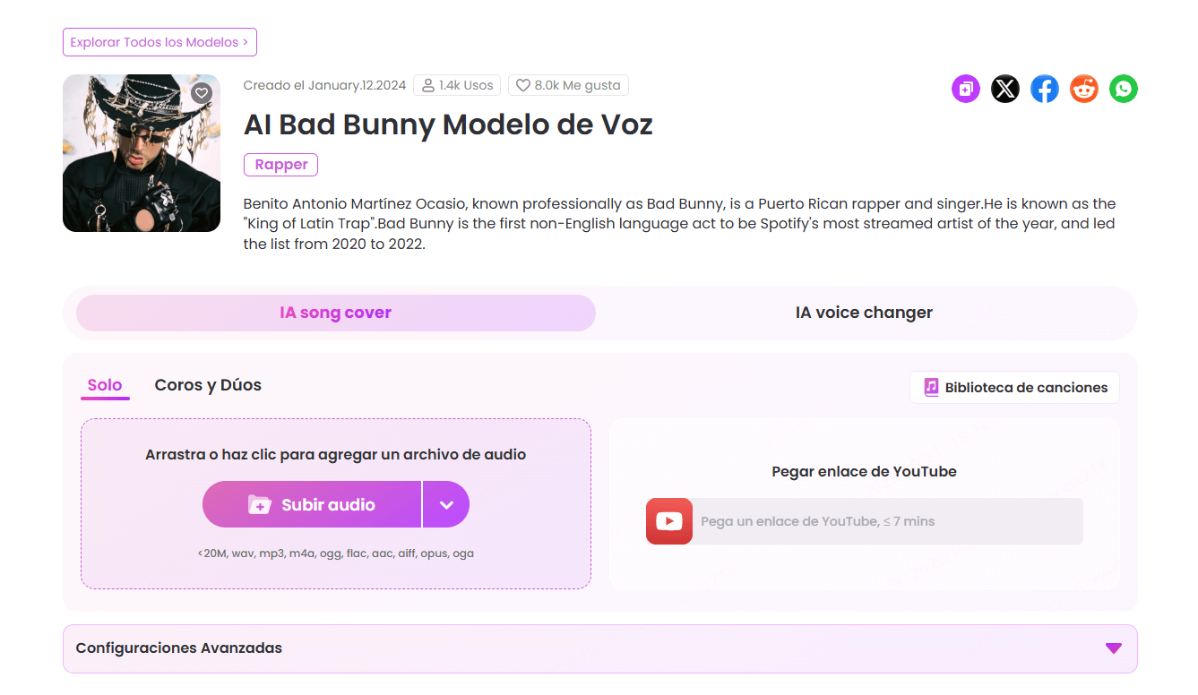 Modelo de cover IA con Bad Bunny en TopMediai