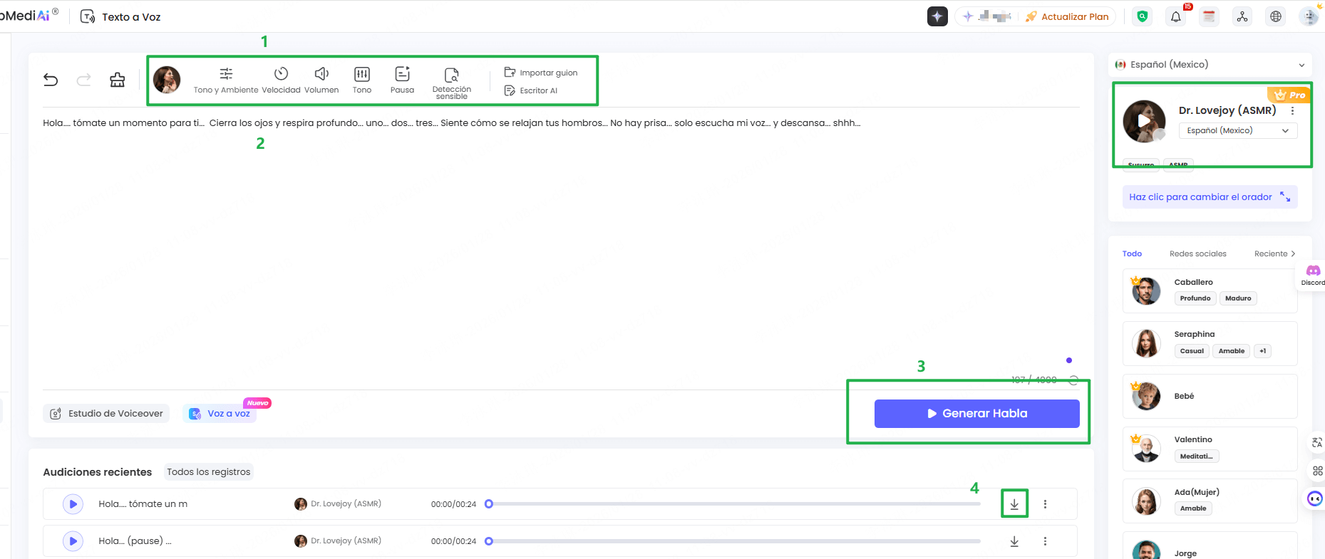 Interfaz de TopMediai Texto a Voz con configuración ASMR