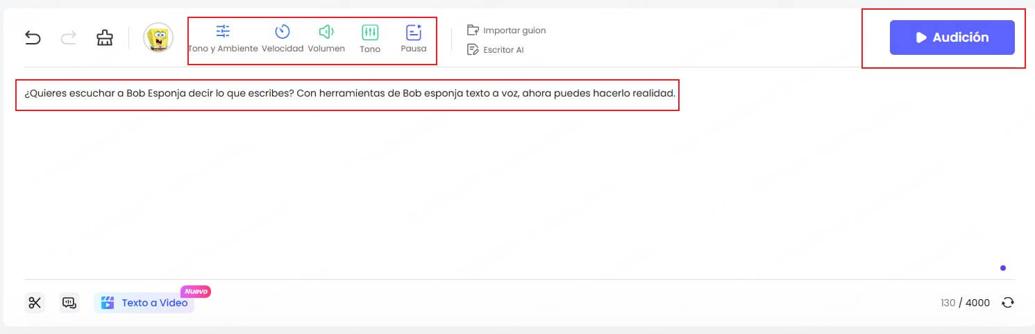 ingresar el texto para hacer la voz Bob esponja en Topmediai