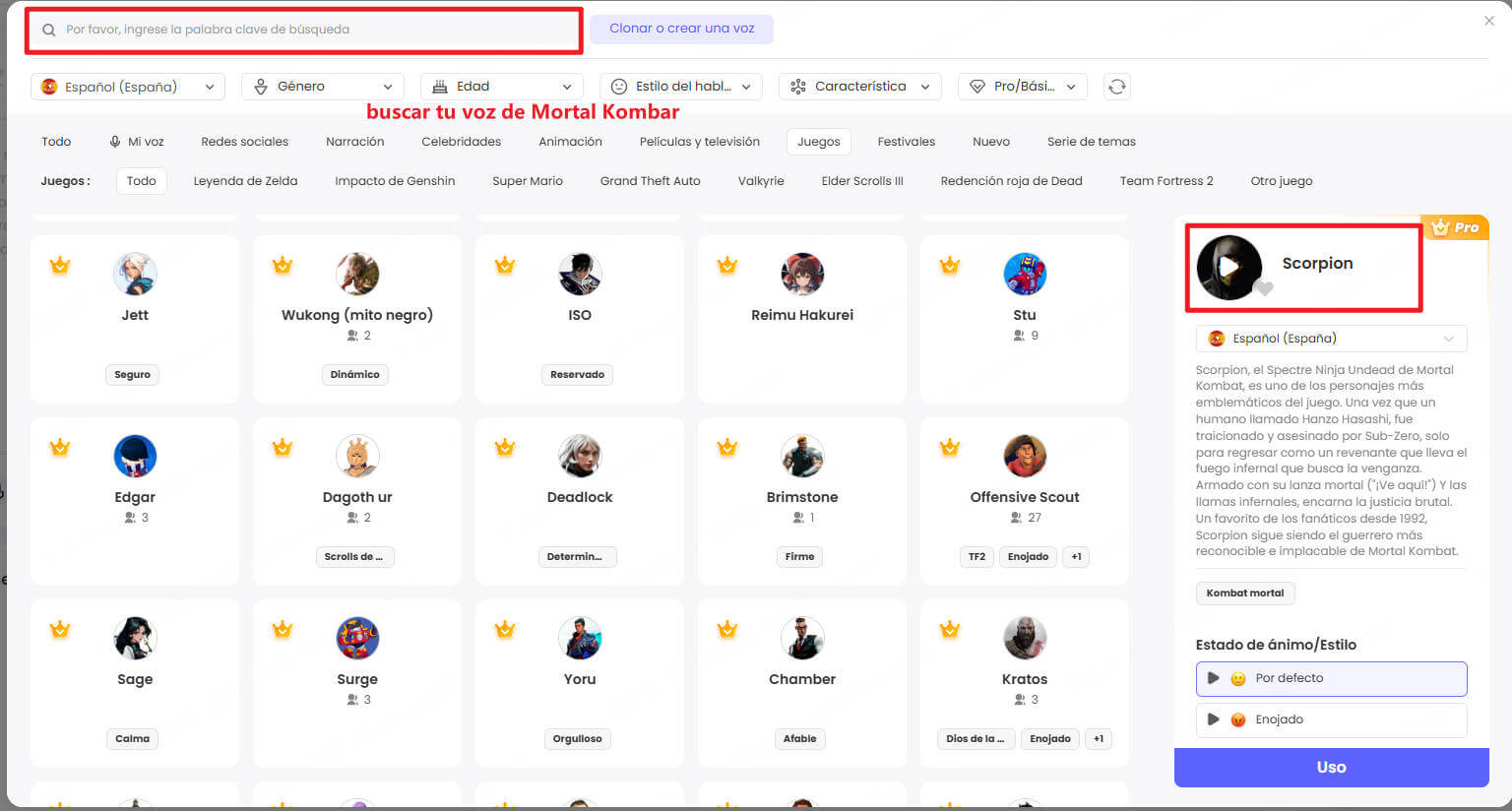 Elige un personaje de mortal kombat en TopMediai