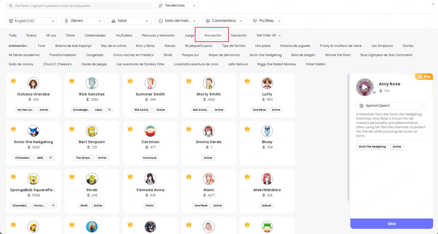 topmediai seleccionar animacion para voz de anime chicas