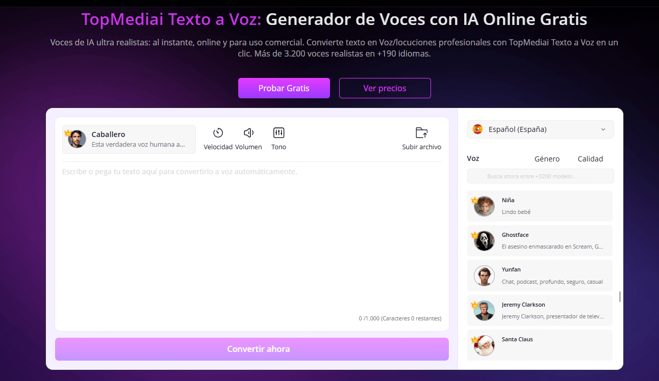 TopMediai Texto a voz panel