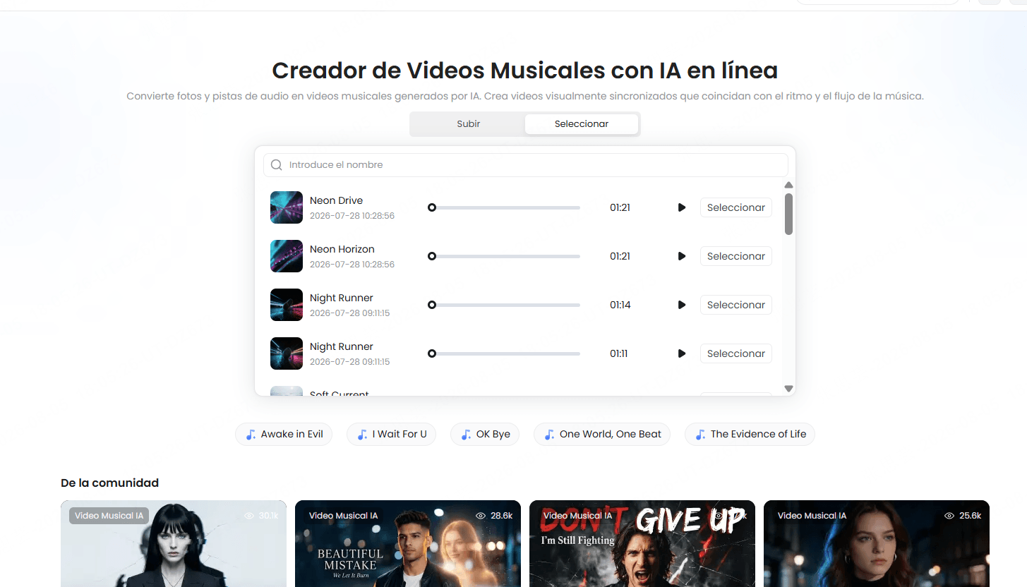 seleccionar música generada o subir una canción en el Creador de Videoclips con IA de TopMediai