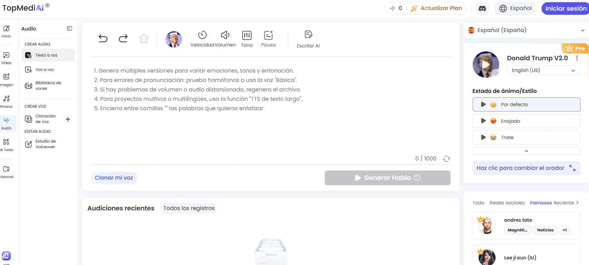 TopMediai generador de voces de famosos Donald Trump Messi