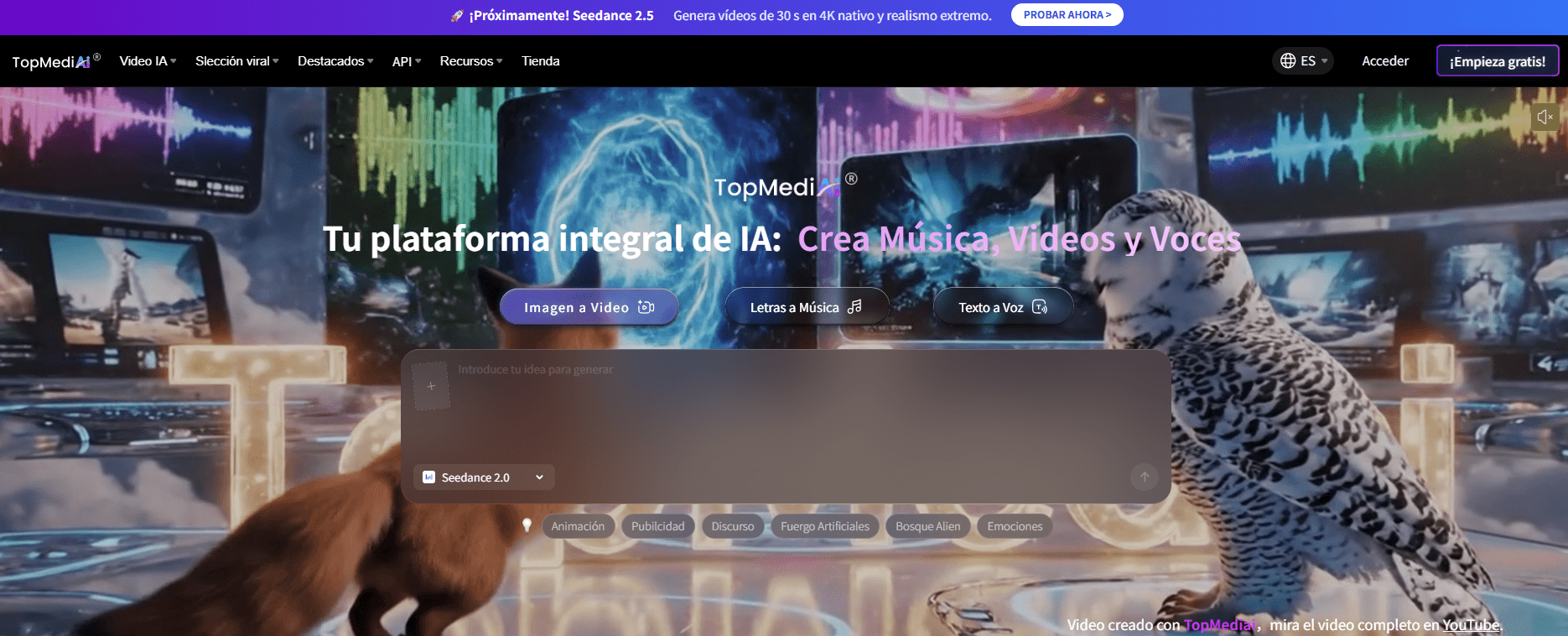 Interfaz de la plataforma de creación con IA de TopMediai