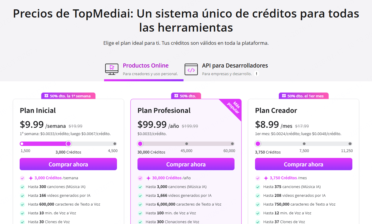 página de precios de topmediai