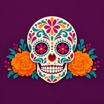 Calaverita de azúcar ilustrada con flores naranjas y detalles turquesa sobre fondo morado