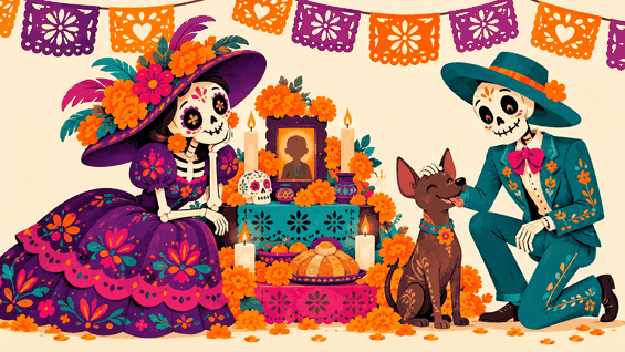Ilustración cartoon de dos calaquitas y un xoloitzcuintle junto a una ofrenda