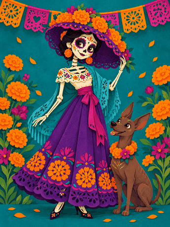 Catrina y perrito en estilo cartoon con flores de cempasúchil y papel picado