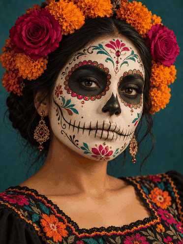 Retrato de Catrina con maquillaje floral, pedrería y corona de cempasúchil
