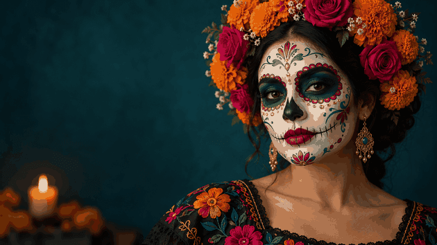 Retrato horizontal de una mujer con maquillaje de Catrina y flores naranjas sobre fondo turquesa