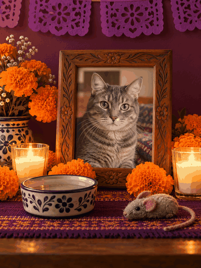 Ofrenda para un gato con su retrato, plato, juguete y flores de cempasúchil