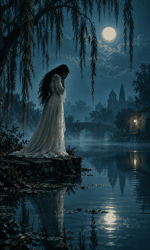Ilustración de La Llorona junto a un canal con niebla y luz de luna