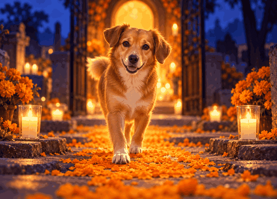 Perrito sobre un camino de cempasúchil iluminado por veladoras en una escena de recuerdo