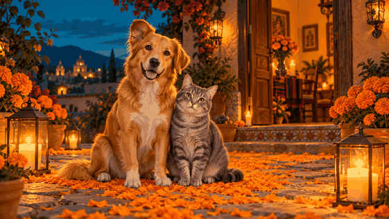 Perrito y gato juntos entre flores de cempasúchil en un homenaje ilustrado