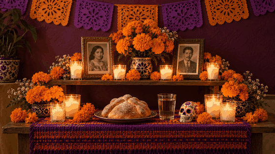 Ofrenda de Día de Muertos con cempasúchil, veladoras, pan y retratos familiares ficticios