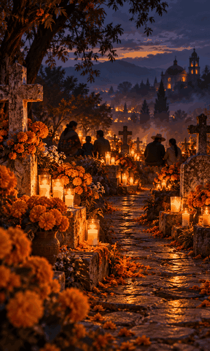 Escena artística de un panteón con flores de cempasúchil y velas al anochecer