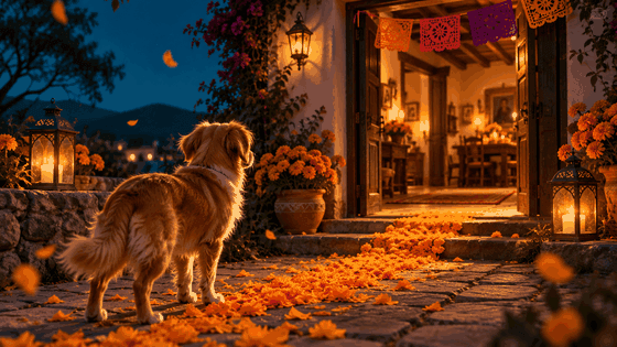 Fotograma conceptual de un perro al inicio de un camino de flores hacia una casa iluminada