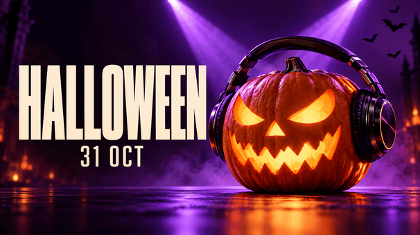 Cartel de Halloween con calabaza DJ, luces violetas y fecha 31 OCT