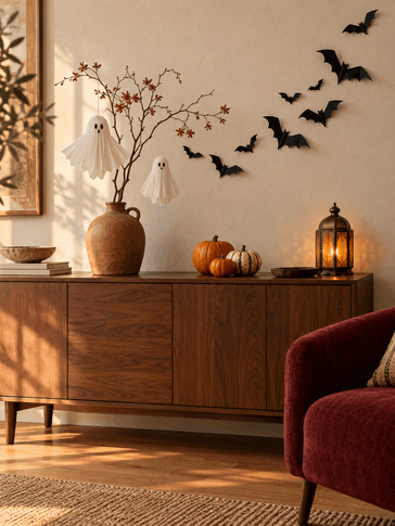 Decoración de Halloween con fantasmas de papel y murciélagos en un salón