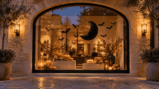 Decoración de Halloween en el escaparate de una tienda con calabazas y murciélagos