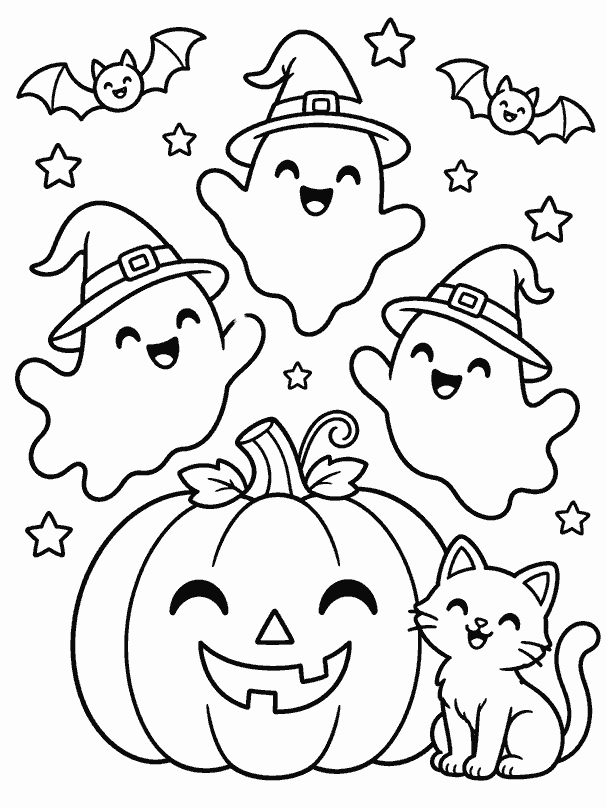 Dibujo de fantasmas, calabaza y gato para colorear en Halloween