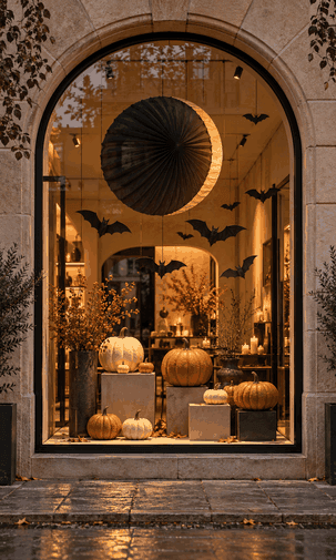 Escaparate de Halloween con calabazas, murciélagos y una luna de papel