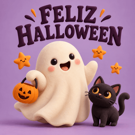 Imagen de feliz Halloween con fantasma sonriente y gato negro