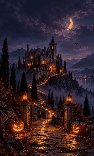 Fondo de Halloween con castillo gótico, luna y calabazas iluminadas