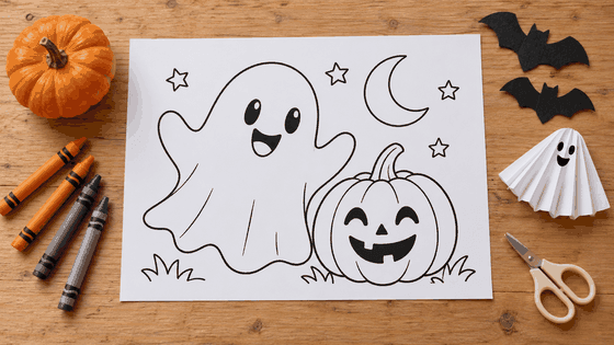 Dibujo de Halloween para colorear junto a ceras y adornos de papel