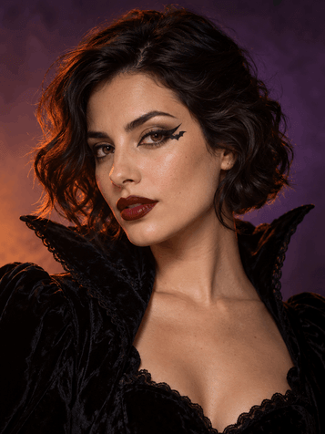 Retrato con maquillaje de vampira, delineado de murciélago y labios burdeos