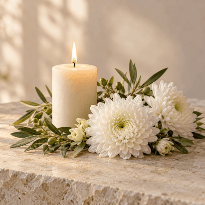 Flores blancas y vela en una imagen de recuerdo para Todos los Santos