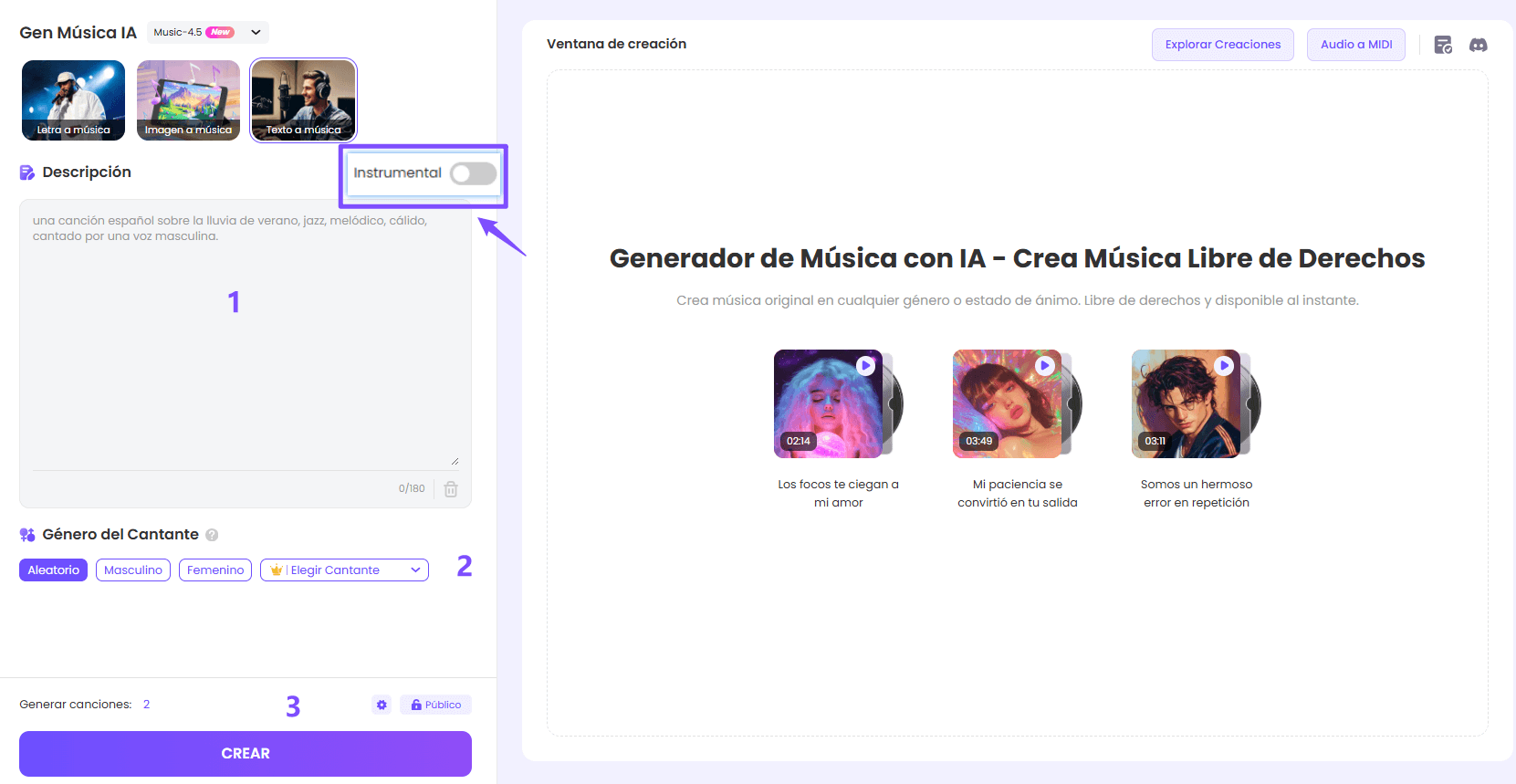 2. Introducir descripción para generar canción con IA