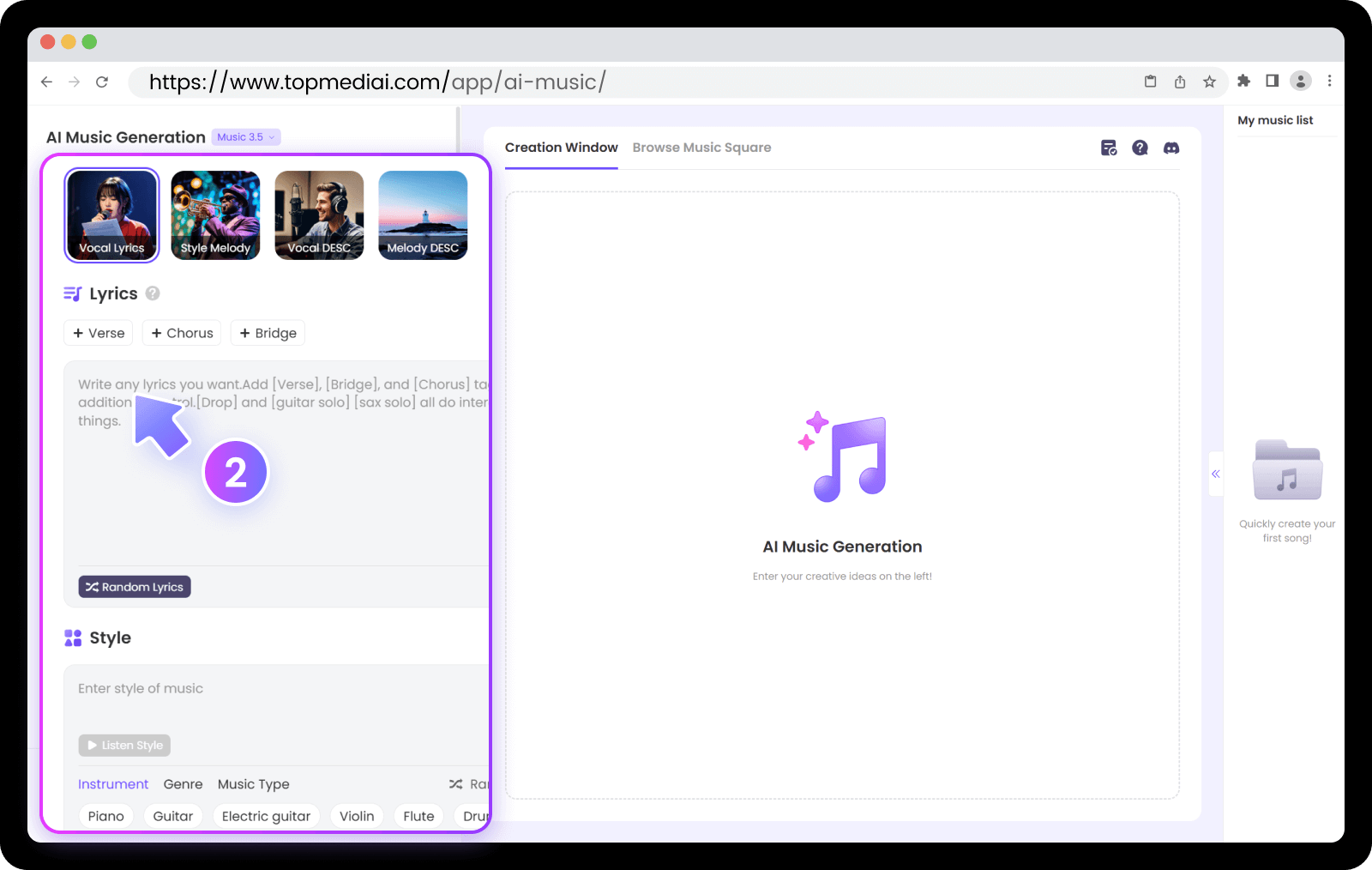 Paso 2 para topmediai Generador musica IA