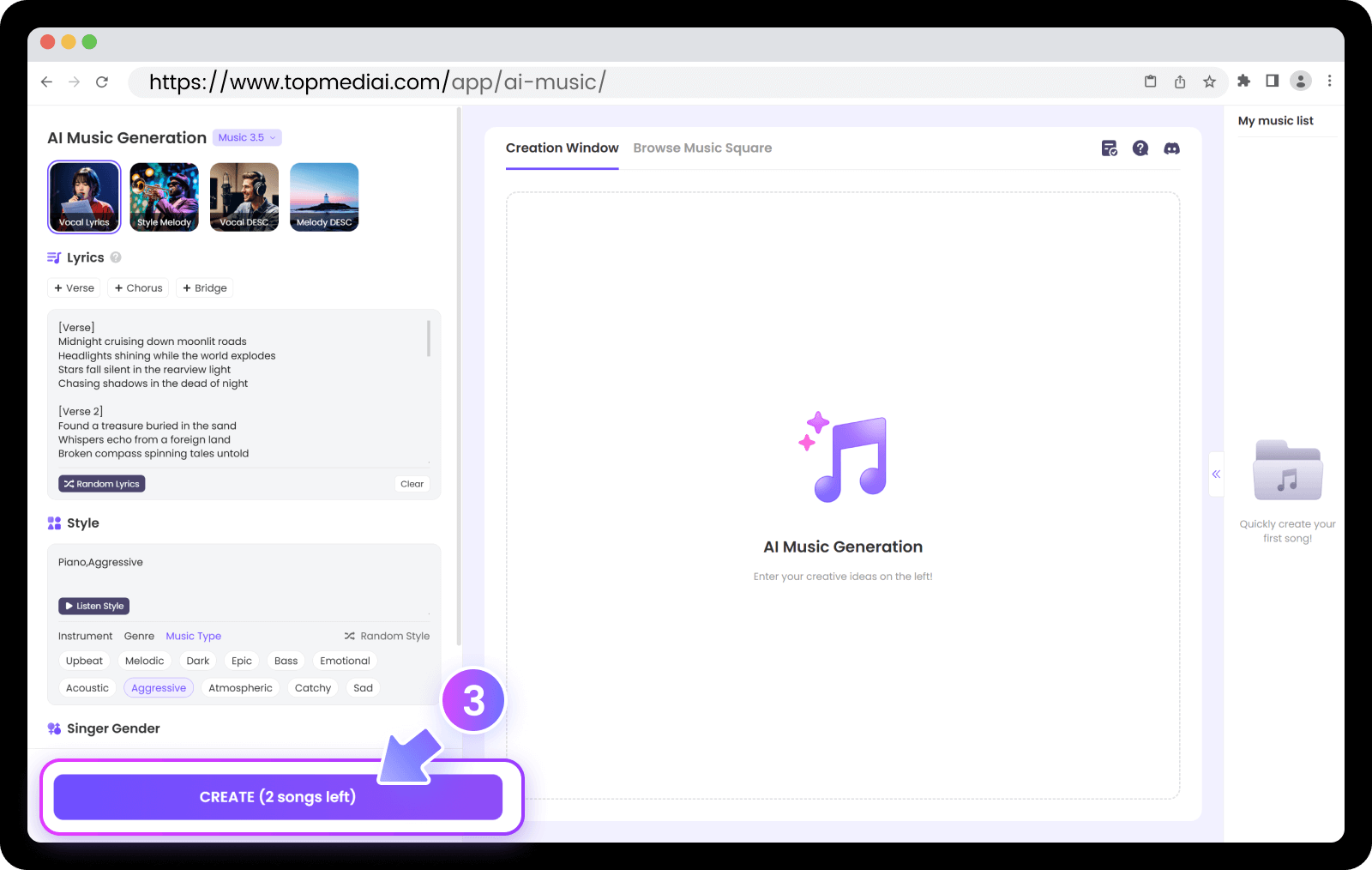 Paso 3 para topmediai Generador música IA