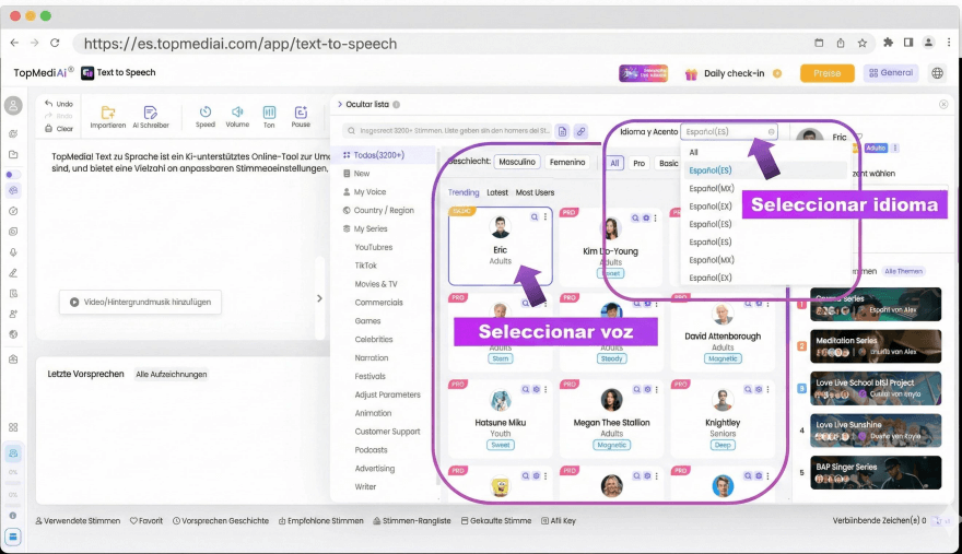 Paso 2. Elige la voz IA y el idioma.