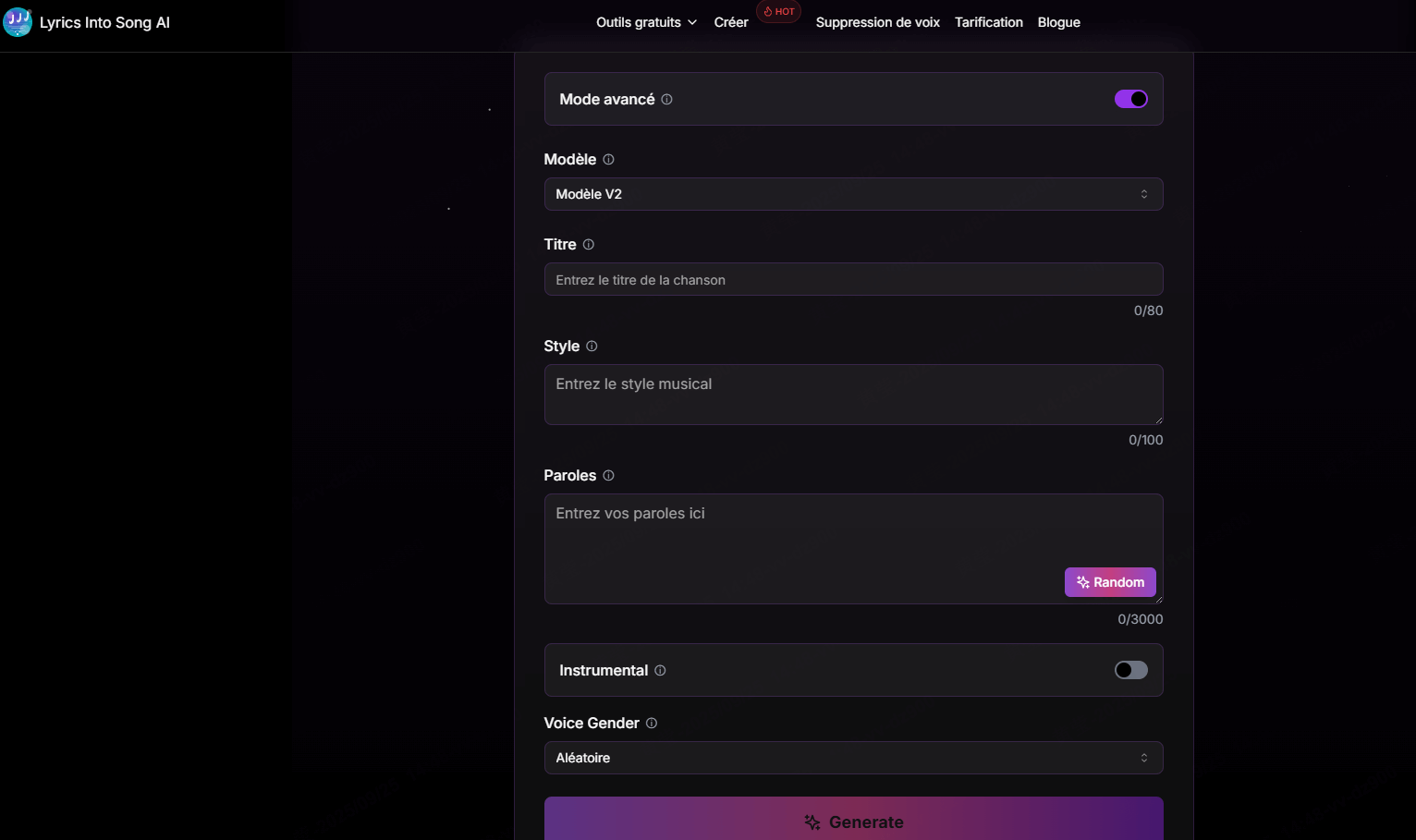 interface de Lyrics Into Song AI, transformez des paroles en chansons gratuitement en ligne