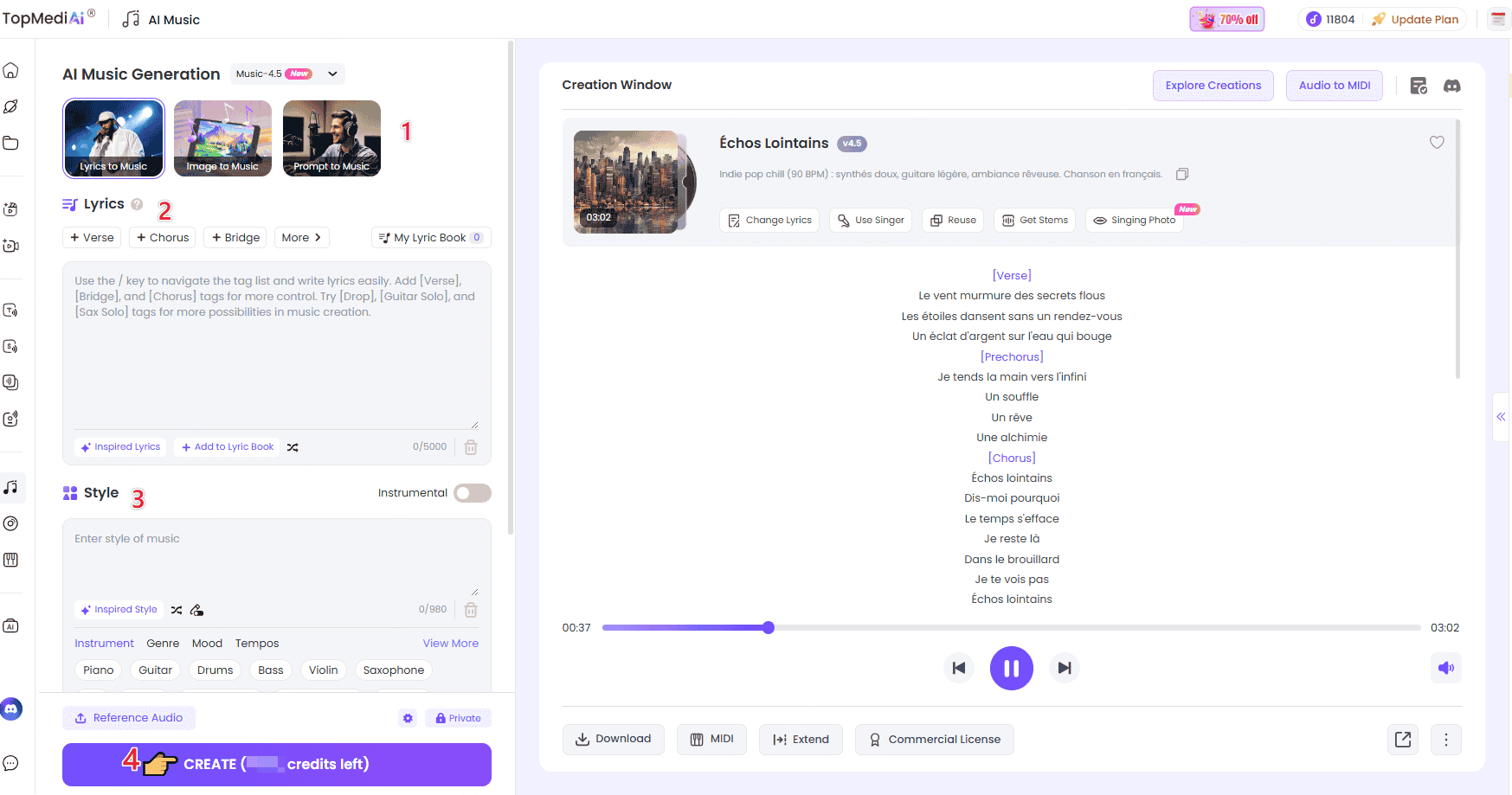 étapes pour créer de la musique avec l'IA sur TopMediai