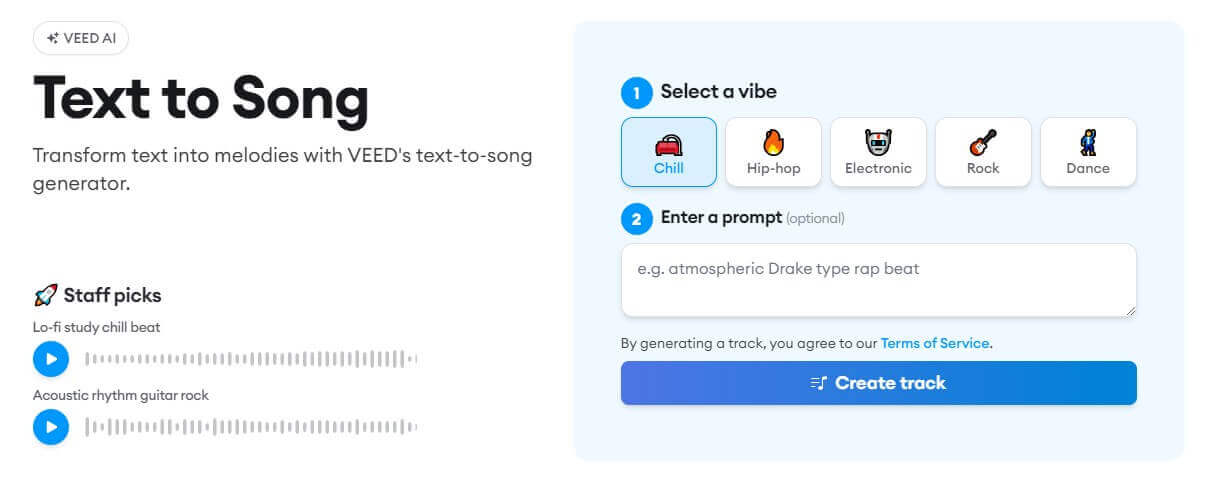 interface de la converssion de textes en chansons Veed.io
