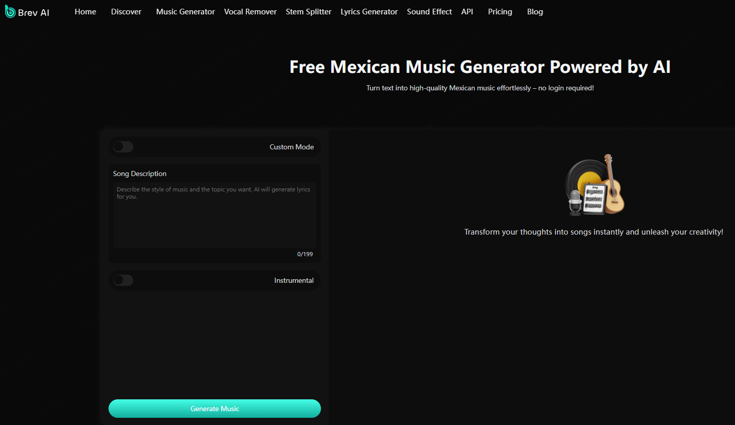 Interface de Brev.ai générateur de musique mexicaine IA en ligne