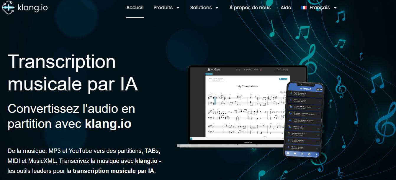 application pour convertir la musique en partition gratuit, klangio