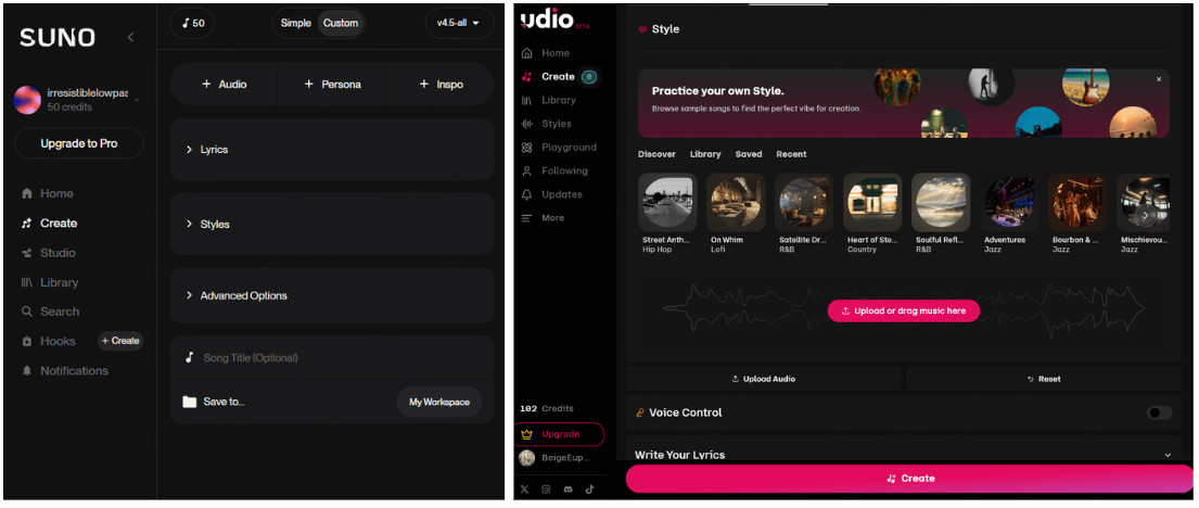 comparaisons de la qualité de la musique entre udio et suno