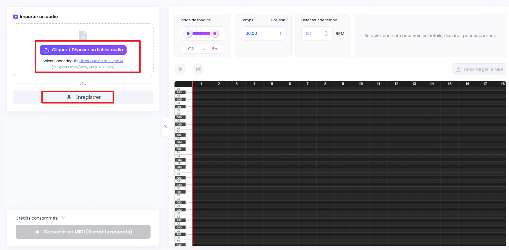 importez un audio pour le convertir en note