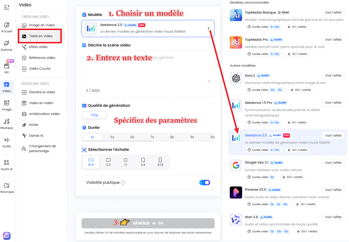 étapes de transformation de texte en vidéos Seedance sur TopMediai