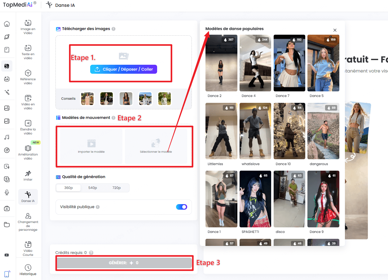 étapes pour créer des vidéos de danse IA en ligne avec TopMedai