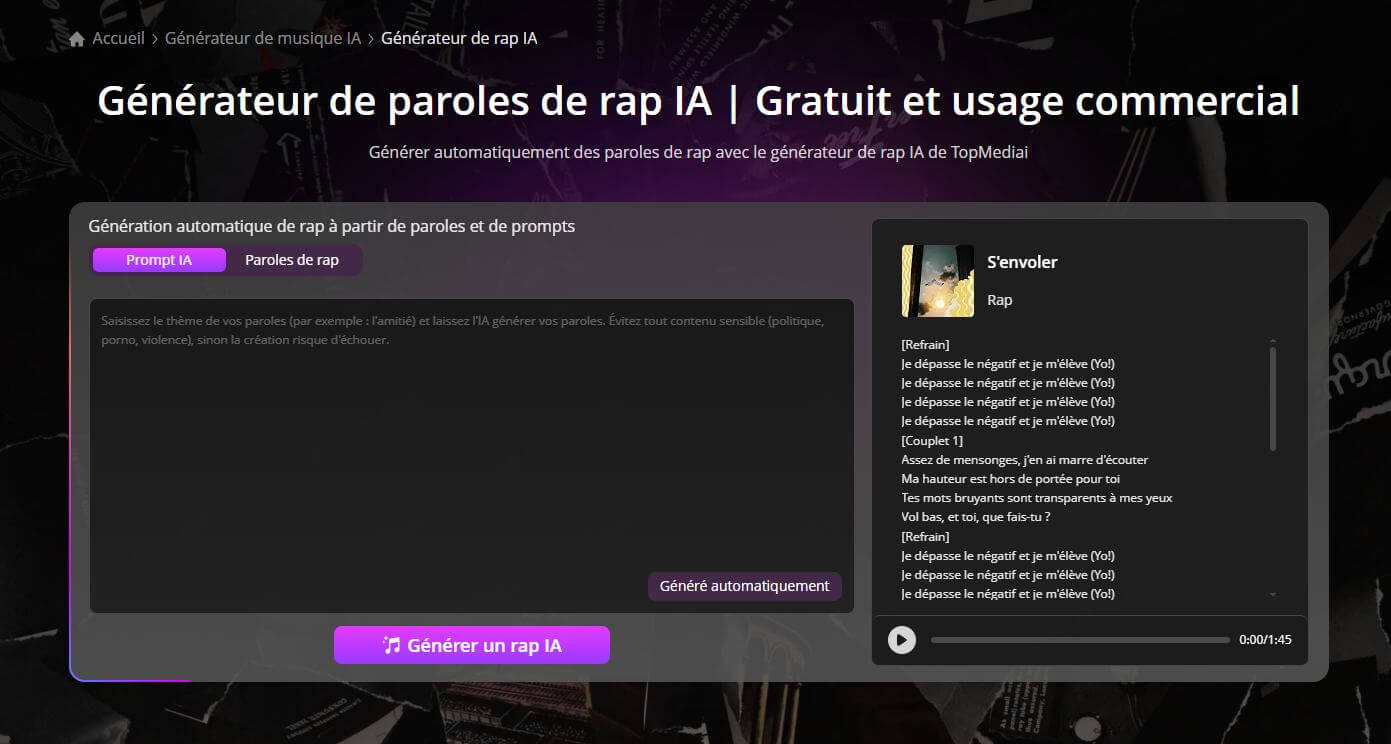 site de TopMediai générateur de rap IA
